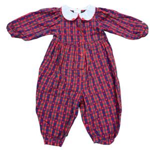 Oshkosh Baby Red & Blue Plaid Apples Romper w/ Peter Pan Collar Size 18 months